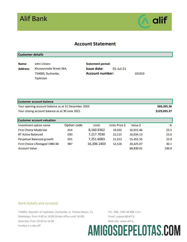 Tajikistan Alif Bank Excel Pdf amostra
